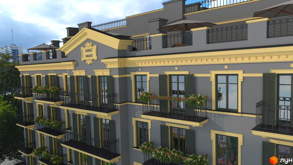 Фасад житлового комплексу Вентімілья з балконами та квітковими клумбами. Зовнішній вигляд будівлі з сірими стінами та жовтими декоративними елементами.