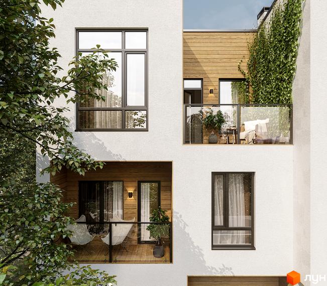 Сучасна новобудова з великими вікнами та дерев'яними елементами фасаду. На фото видно балкон з зеленню та меблями.