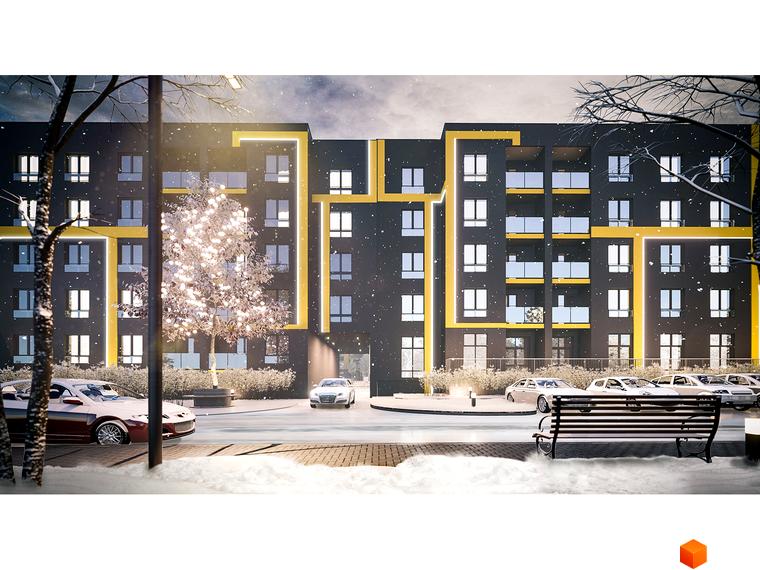 Зимовий вигляд фасаду будівлі ЖК Шенген з жовтими акцентами. На передньому плані прибудинкова територія з деревами, снігом та припаркованими автомобілями.