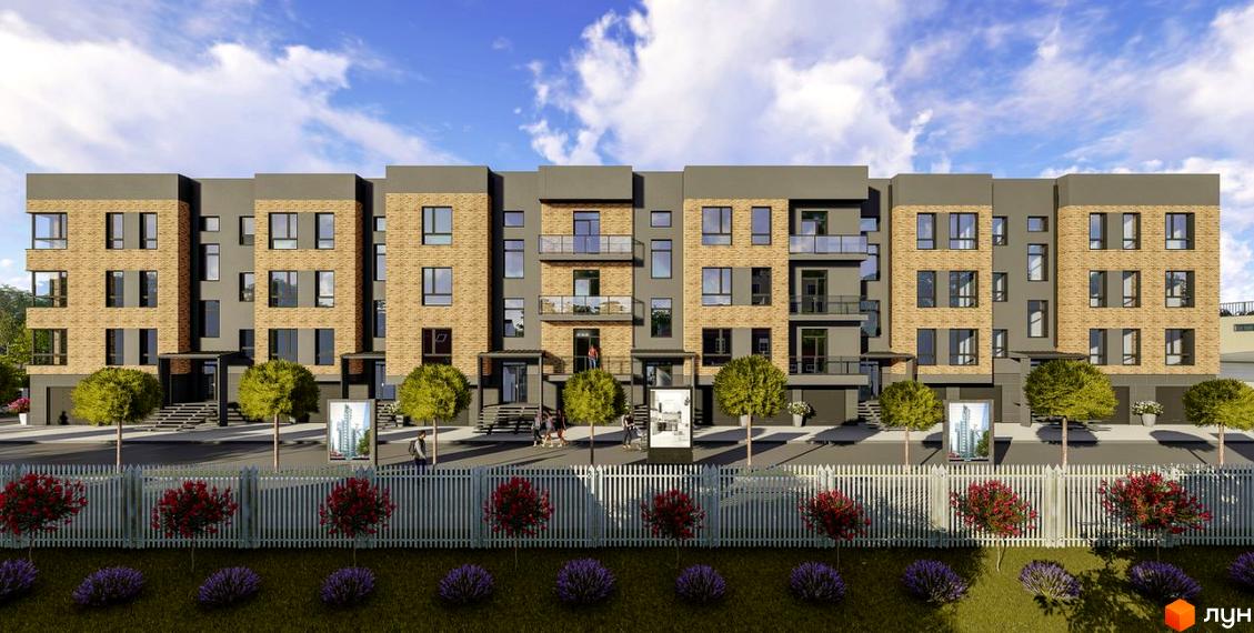 Зовнішній вигляд житлового комплексу Новий Скнилів з цегляним фасадом та балконами, перед яким розташований паркан та зелені насадження.