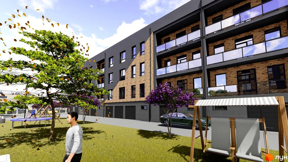 Житловий комплекс Новий Скнилів – це сучасна новобудова з цегляним фасадом та скляними балконами, що розташована біля зеленого подвір'я з дитячим майданчиком та зоною відпочинку.