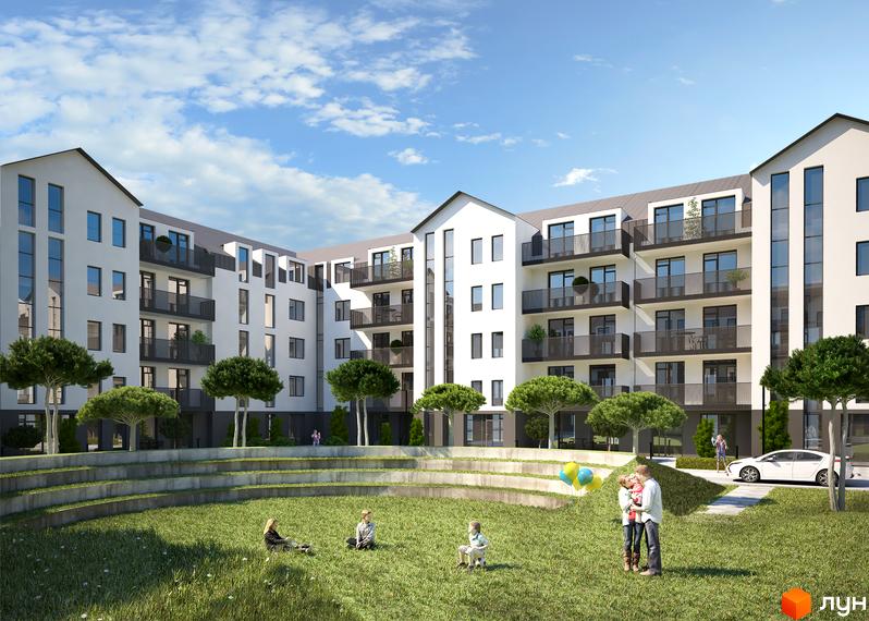 Житловий комплекс Ventum з білими фасадами та балконами, зелена прибудинкова територія з газоном, деревами та місцем для відпочинку.