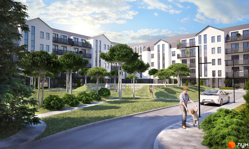 Житловий комплекс Ventum з білими фасадами та балконами. На території комплексу є зелені насадження, дитячий майданчик та місця для відпочинку.