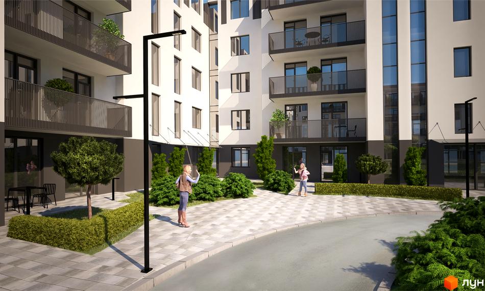 Зображення фасаду та прибудинкової території Житлового комплексу Ventum. На території є дерева та пішохідні доріжки.