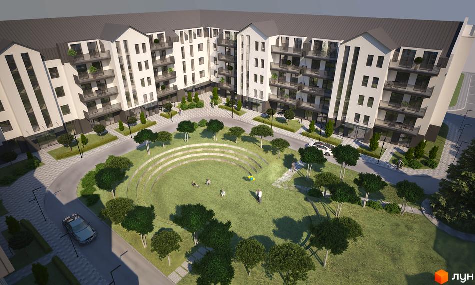 Житловий комплекс Ventum з білими фасадами та балконами. На території комплексу є зелені зони з деревами та зоною відпочинку.