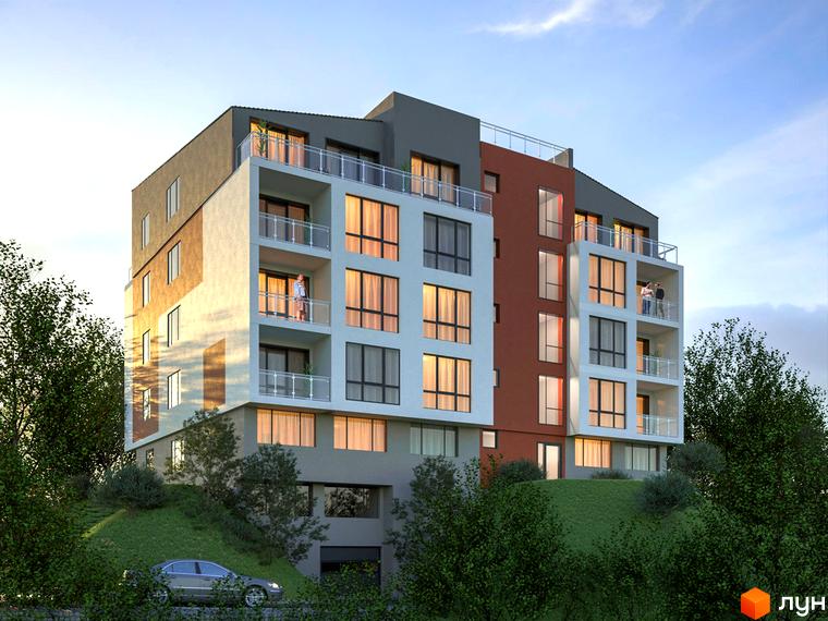 Зображення будинку на вулиці Молдавська, 23. Житловий комплекс з балконами, розташований на пагорбі з зеленою рослинністю.