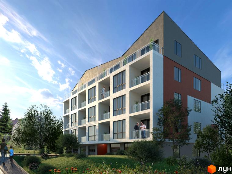 Багатоповерхова новобудова на вул. Молдавська, 23 з білим та коричневим фасадом, похилим дахом та балконами. Прибудинкова територія з зеленими насадженнями та доріжками.