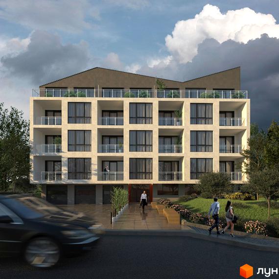 Зображення фасаду будинку на Молдавській, 23. Чотириповерхова Новобудова з великими вікнами та балконами, озеленена прибудинкова територія.