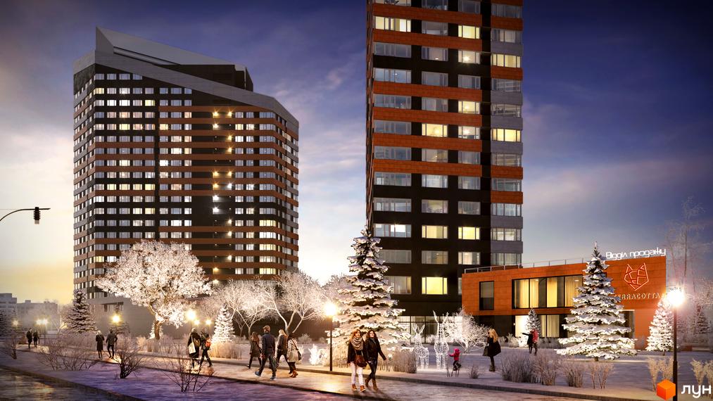 Зображення комплексу Terracotta взимку. Висотки з коричневими вставками та будівля з написом, засніжена територія з деревами та пішоходами.