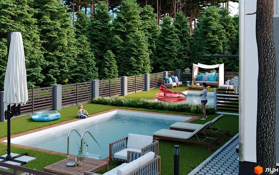 Вид на басейн та зону відпочинку в дуплексах NEW Cottage Residence 5. Навколо зелені дерева та газон.