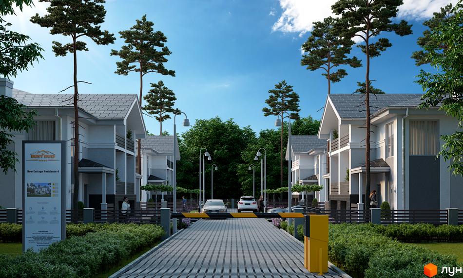Зображення дуплексів у Житловому районі NEW Cottage Residence 5 з сірими дахами та деревами на прибудинковій території.