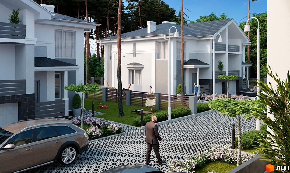 Дуплекси NEW Cottage Residence 5 з біло-сірими фасадами та темними дахами. Прибудинкова територія з візерунчастою плиткою, зеленими газонами та доглянутими насадженнями.