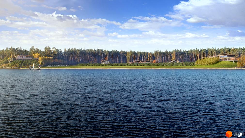 Котеджне містечко КМ New Haven Luxury Village з будинками на березі річки серед соснового лісу. На воді видно вітрильники.