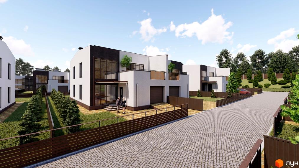 Таунхауси „Green Place“: білі будинки з темними фасадами та панорамними вікнами. Прибудинкова територія має бруковану дорогу, зелені насадження та огорожі.