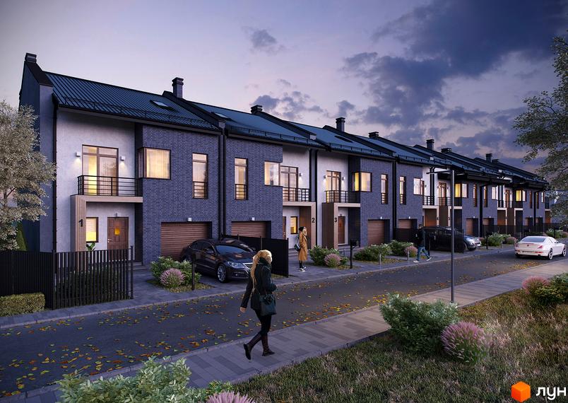 Ряд таунхаусів „Міські вілли на Пасічній“ з темною цеглою та світлою штукатуркою, балконами та гаражами. Вулиця з осіннім листям, тротуаром та зеленими насадженнями.