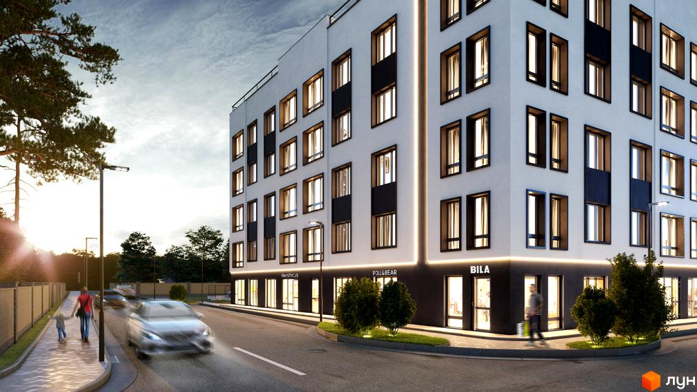 Житловий комплекс G-51 з білим фасадом, чорними віконними рамами та комерційними приміщеннями на першому поверсі. Навколо будинку проїжджа частина та тротуар.