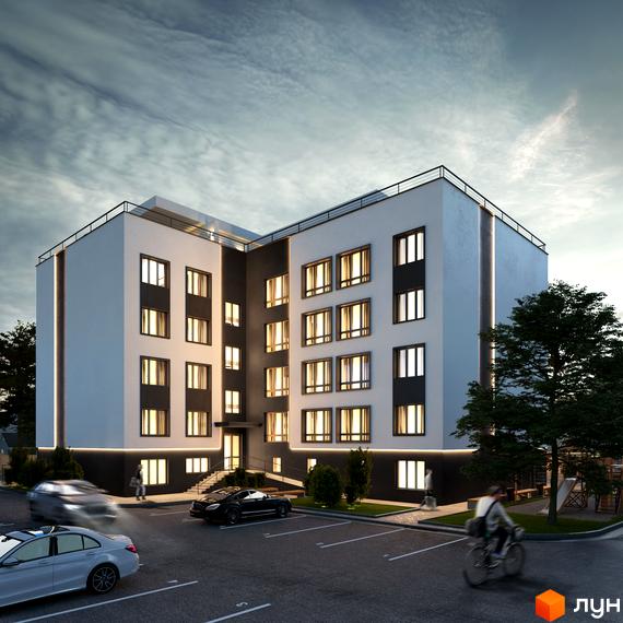 Зображення фасаду та прибудинкової території Житлового комплексу G-51. Багатоповерхова будівля з парковкою та зеленими насадженнями.