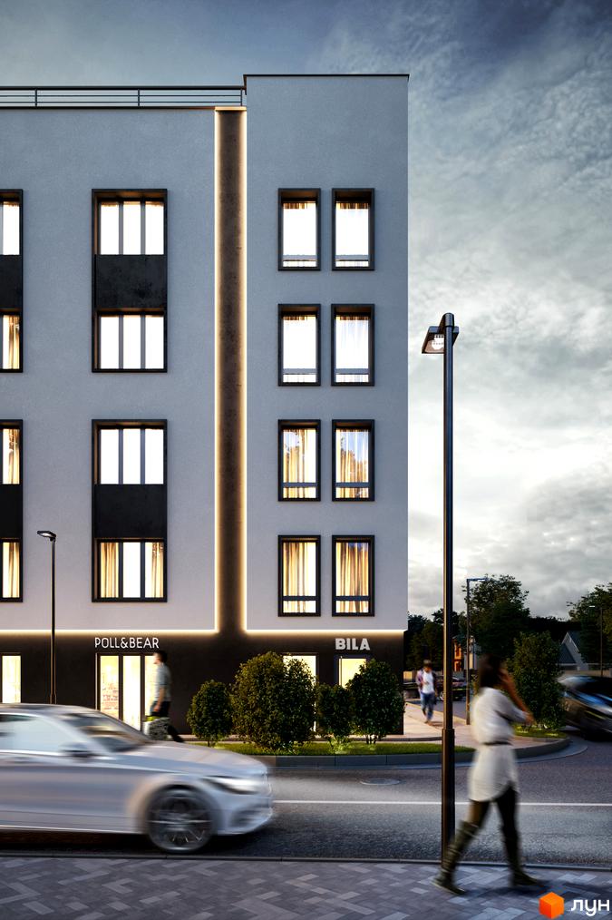 Зображення Житлового комплексу G-51: світло-сірий фасад з вертикальним підсвічуванням, темними вікнами та магазинами на першому поверсі. Поруч вулиця з автомобілями та пішоходами.