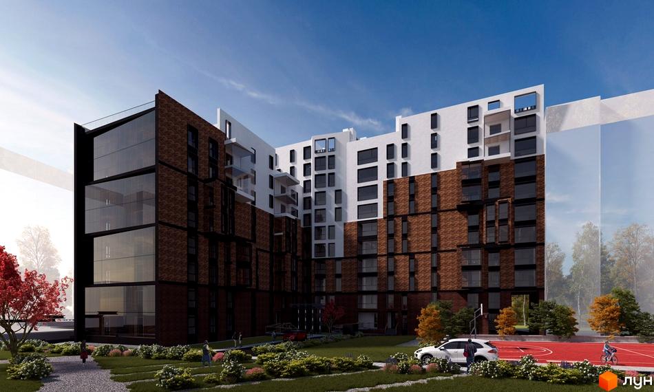 Зображення фасаду та прибудинкової території Житлового комплексу Янтарний. На території є дитячий майданчик та парковка.