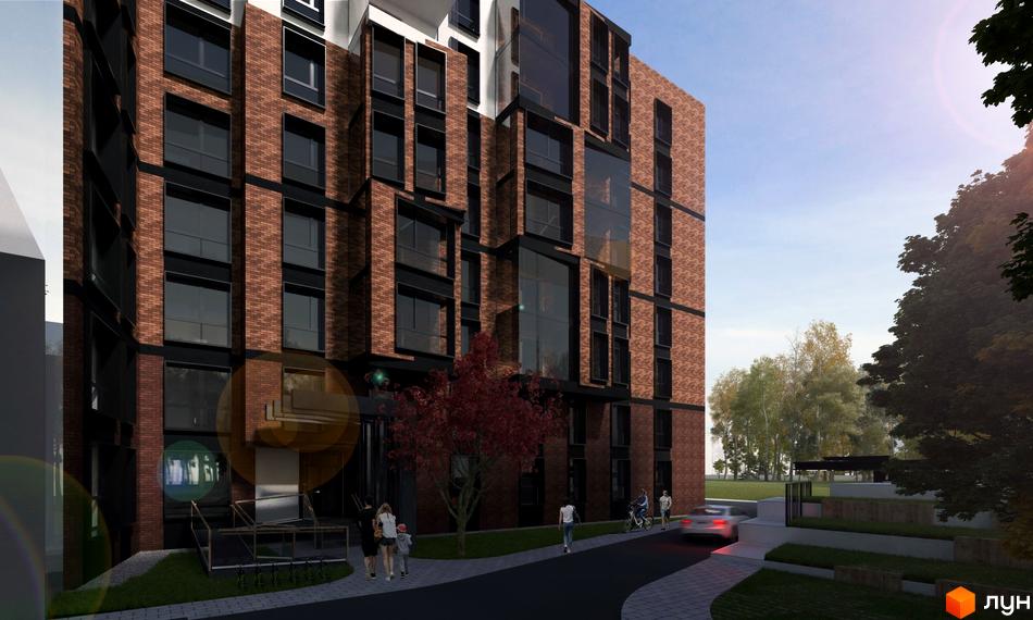 Зображення фасаду Житлового комплексу Янтарний з червоної цегли. Перед будинком пішохідна дорога, дерева та люди.