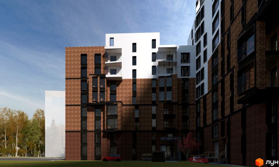 Житловий комплекс Янтарний: багатоповерховий будинок з цегляним та білим фасадом, чорними вікнами, на тлі газону та дерев.