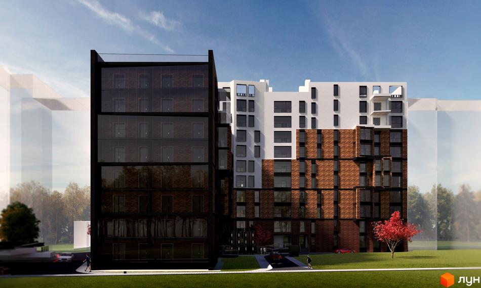 Зображення фасаду Новобудови Янтарний з великими вікнами та цегляним оздобленням. Навколо зелений газон та дерева.