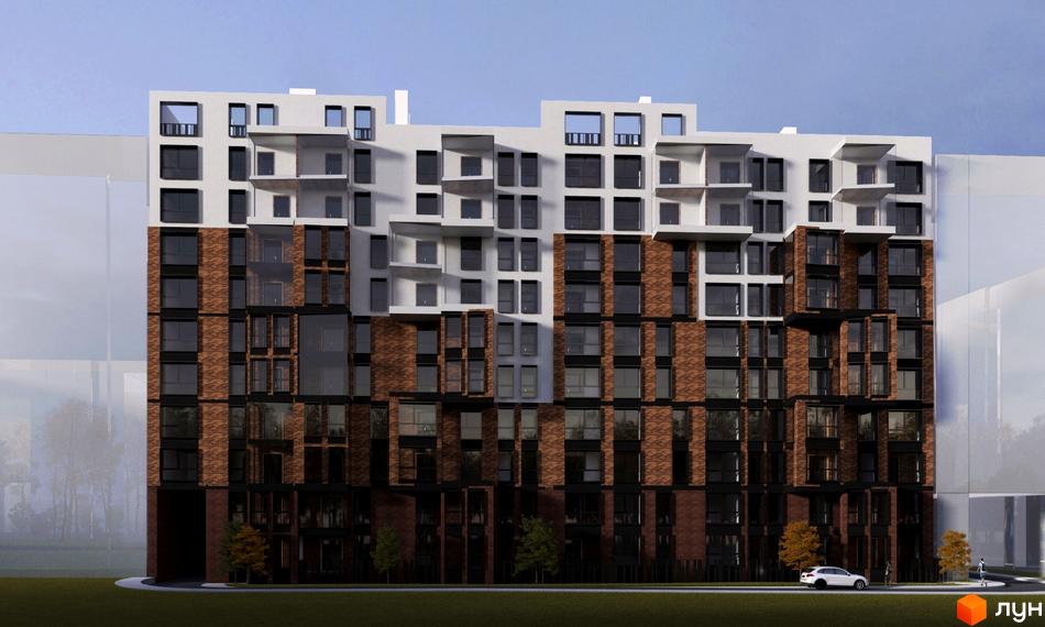 Житловий комплекс Янтарний: будинок з комбінованим фасадом з цегли та світлих секцій, великими вікнами. Навколо дорога та дерева.