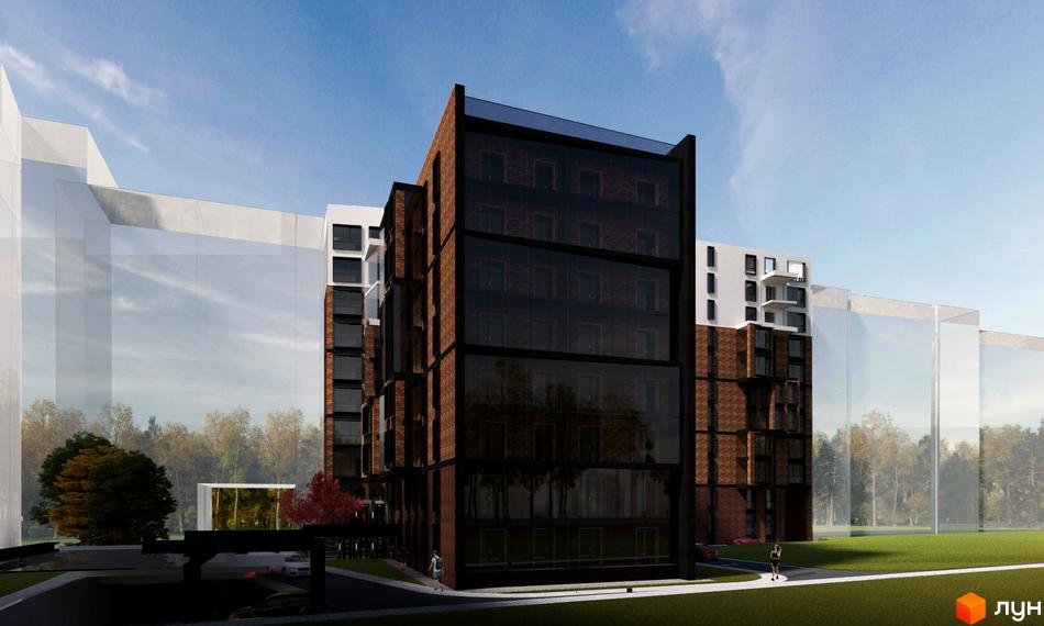 Житловий комплекс Янтарний: багатоповерховий будинок з темно-скляними фасадами та цегляними вставками. Прибудинкова територія з газонами та деревами.