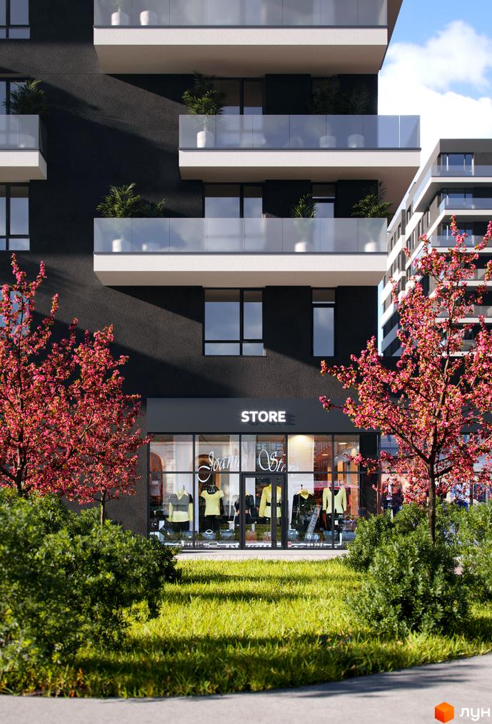 Зображення фасаду будинку Житлового комплексу Avalon Flex з магазином на першому поверсі та озелененою прибудинковою територією.