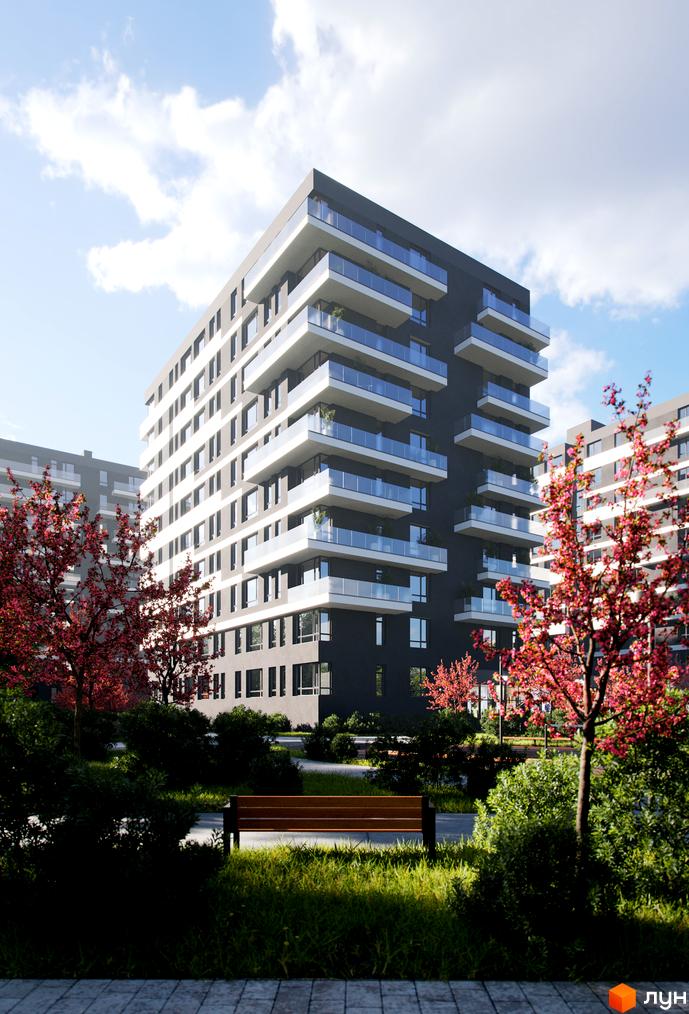 Зовнішній вигляд багатоповерхового будинку в Житловому комплексі Avalon Flex. Навколо будинку зелена прибудинкова територія з деревами.
