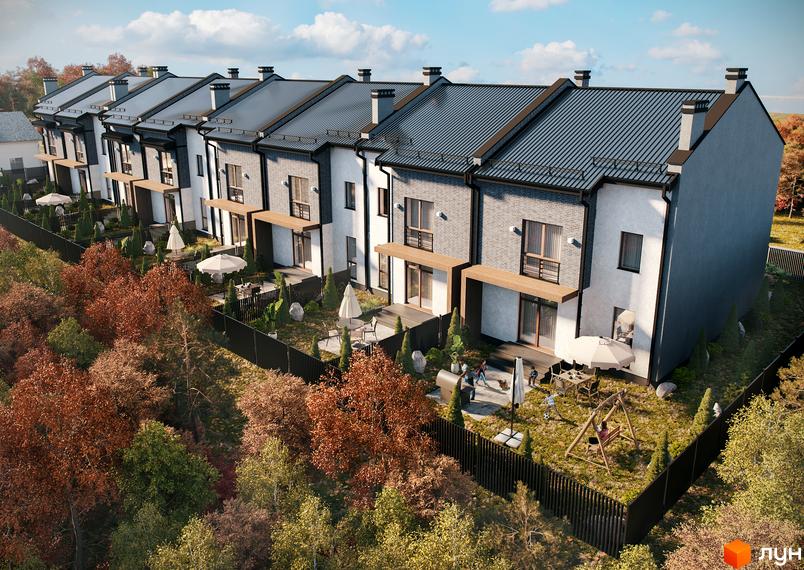 Зображення таунхаусів в Житловому комплексі „Міські вілли на Пасічній“. Вигляд будинків та зеленої прибудинкової території.