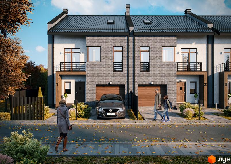 Зображення таунхаусів „Міські вілли на Пасічній“ з сірою цеглою та темним дахом. На передньому плані вулиця з тротуаром.