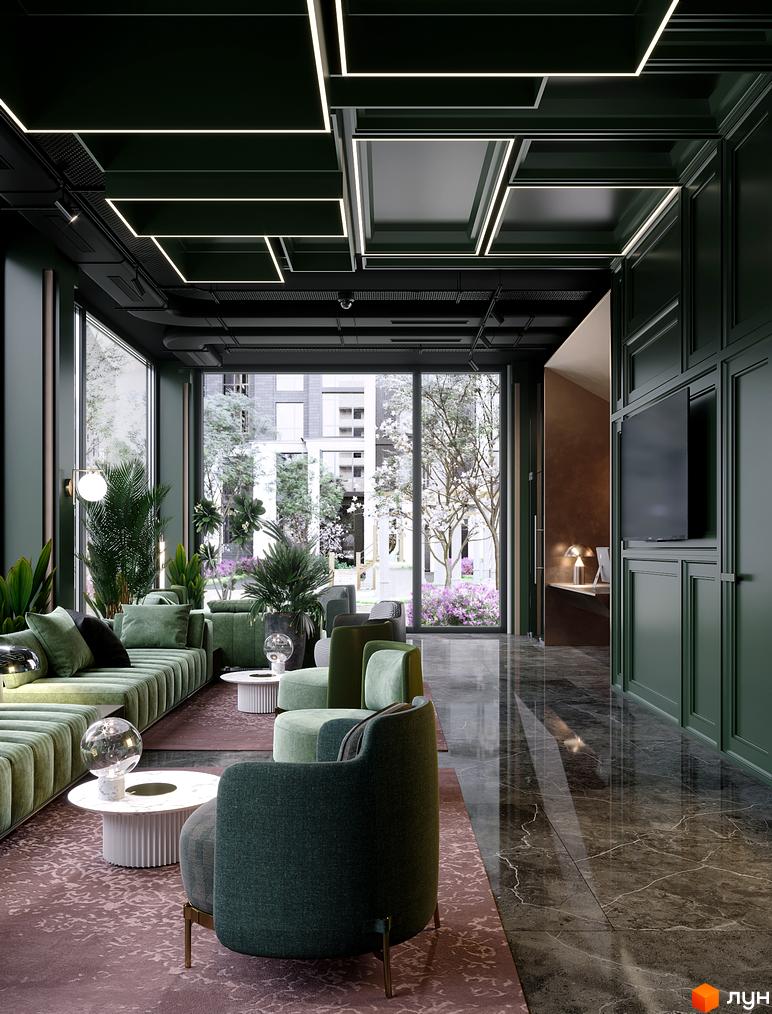 Інтер'єр зони відпочинку в житловому комплексі GENEVE з диванами та кріслами зеленого кольору, мармуровою підлогою та великими вікнами з видом на зелені насадження.