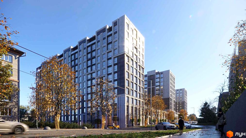 Житловий комплекс GENEVE: сучасні багатоповерхові будинки з панорамними вікнами та доглянутою прибудинковою територією з деревами восени.