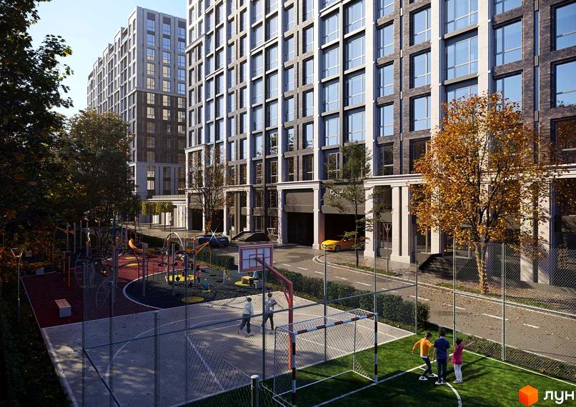 Житловий комплекс GENEVE з цегляним фасадом та великими вікнами. На прибудинковій території розташовані дитячий майданчик та спортивні зони.