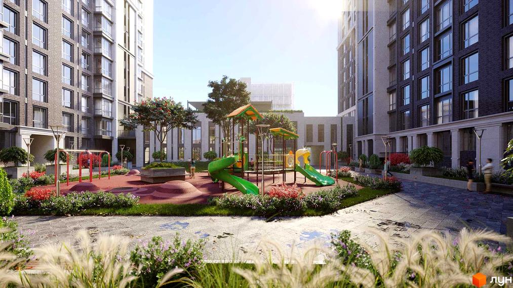 Житловий комплекс GENEVE: сучасний дитячий майданчик між двома висотними будинками з цегляним фасадом. Територія з зеленими насадженнями та місцями для відпочинку.