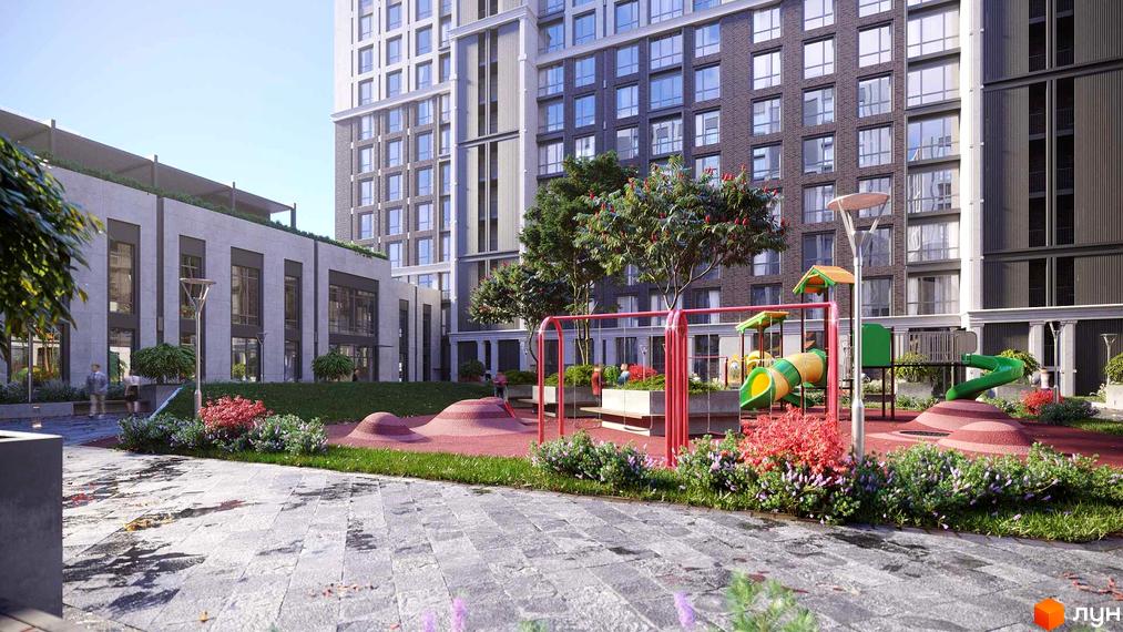 Житловий комплекс GENEVE з дитячим майданчиком та зонами відпочинку. Сучасна архітектура та озеленена прибудинкова територія.