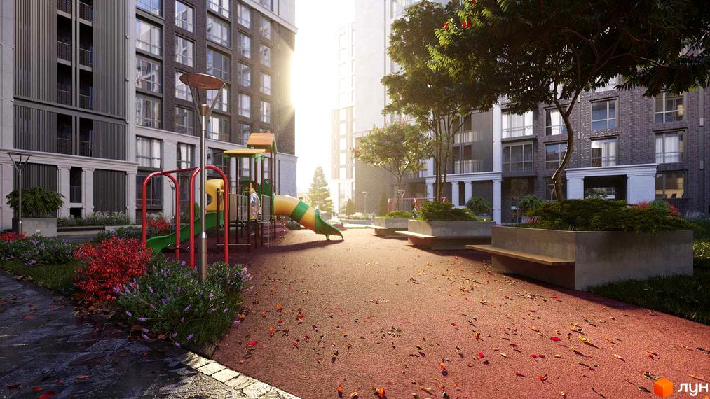 Житловий комплекс GENEVE: дитячий майданчик з гіркою та гойдалками біля цегляних будинків. Прибудинкова територія з лавками та зеленими насадженнями.