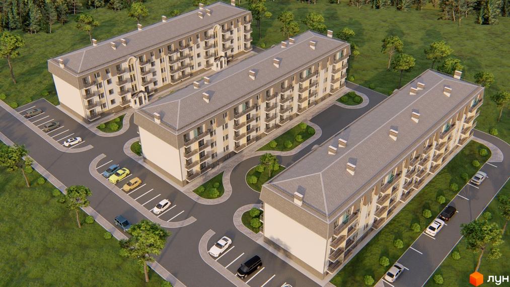 Зображення житлового комплексу Містечко Північне з виглядом на фасади будівель та прибудинкову територію з парковкою.