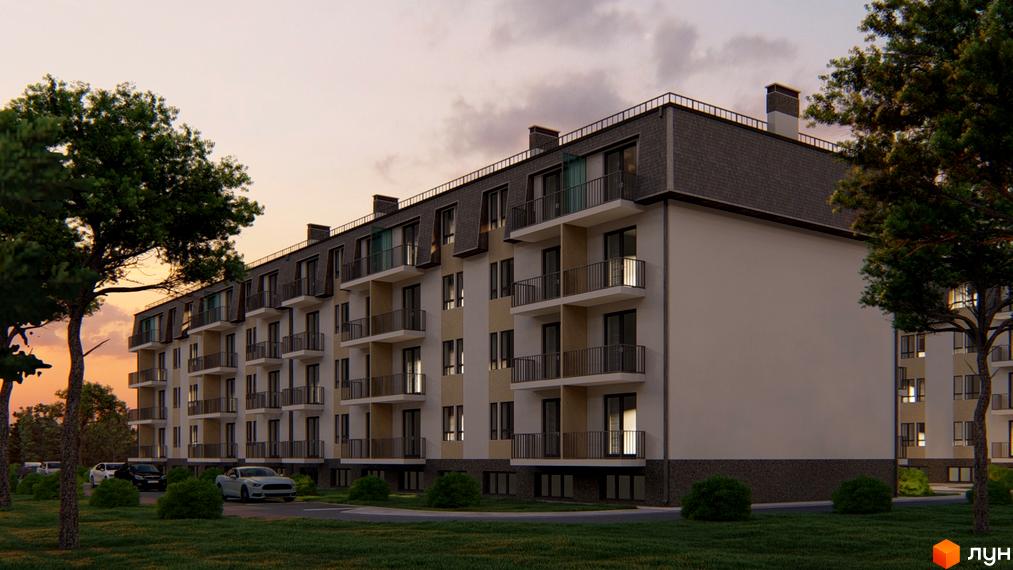 Зображення фасаду багатоквартирного будинку в Житловому комплексі Містечко Північне з балконами та прилеглою територією.