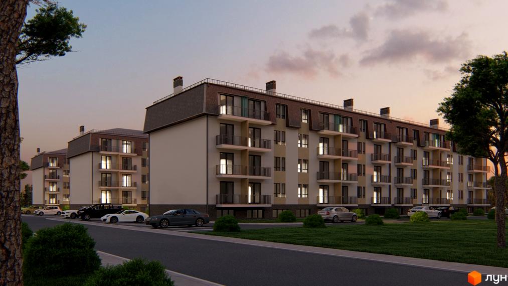 Зображення Житлового району Містечко Північне: багатоквартирні будинки з балконами та припаркованими автомобілями.