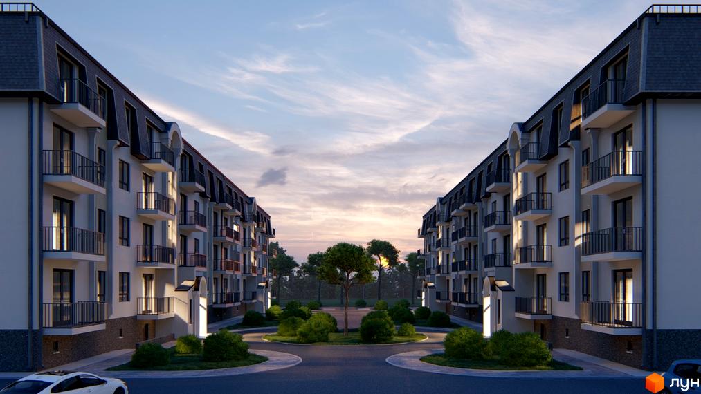 Житловий комплекс Містечко Північне: два білі будинки з темними мансардними дахами та балконами, що оточують зелений двір з деревами.