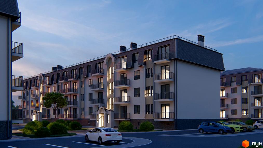 Зображення фасаду та прибудинкової території Житлового комплексу Містечко Північне. На передньому плані парковка з автомобілями.