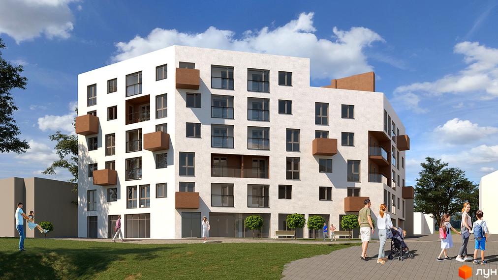 Новобудова Еко-дім на Мечникова 3: багатоповерховий будинок з білим фасадом та коричневими балконами. Навколо зелений газон, доріжки та люди.