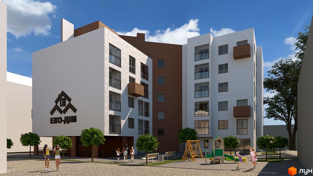 Зображення будинку Житлового комплексу Еко-дім на Мечникова 3 з прибудинковою територією та дитячим майданчиком.