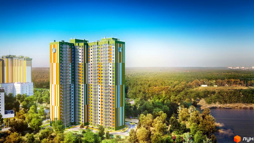 Житловий комплекс на вул. Петра Калнишевського, 6. Яскраві багатоповерхівки з панорамними вікнами та зелена прибудинкова територія з деревами та водоймою.