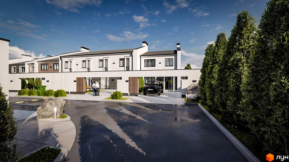 Зображення таунхаусів Dresden з великими вікнами та зеленим подвір'ям. Перед будинками розташована парковка для авто.