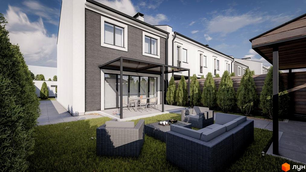 Таунхауси Dresden: двоповерховий будинок з темним цегляним фасадом. На подвір'ї зелений газон, зона відпочинку та альтанка.