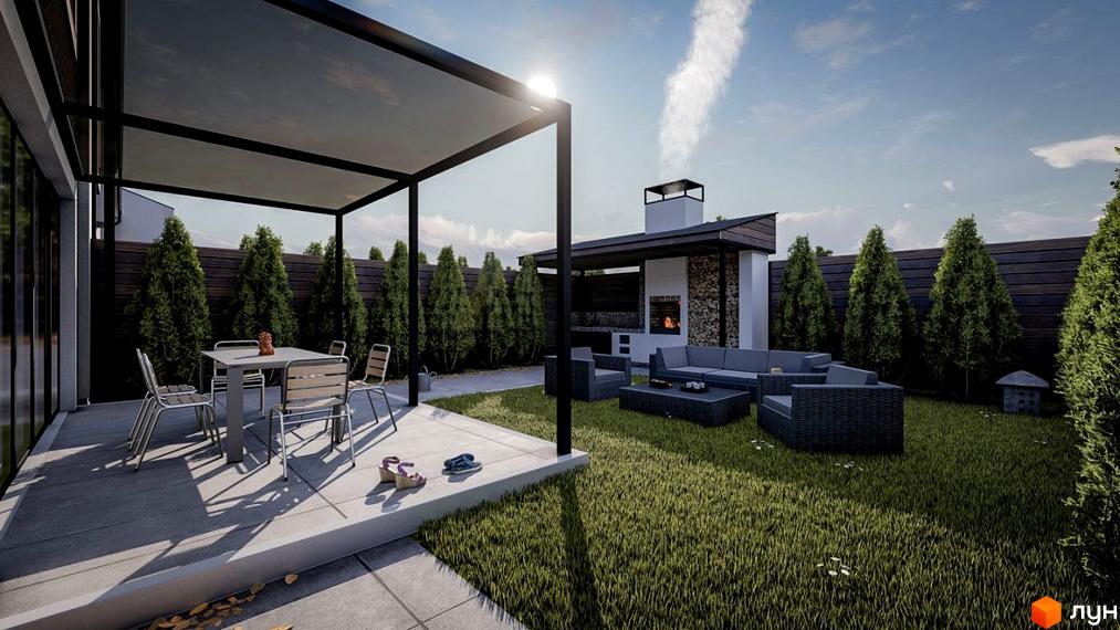 Зображення будинку з прибудинковою територією в Котеджному містечку Dresden. На території є альтанка, мангал та зелений газон.