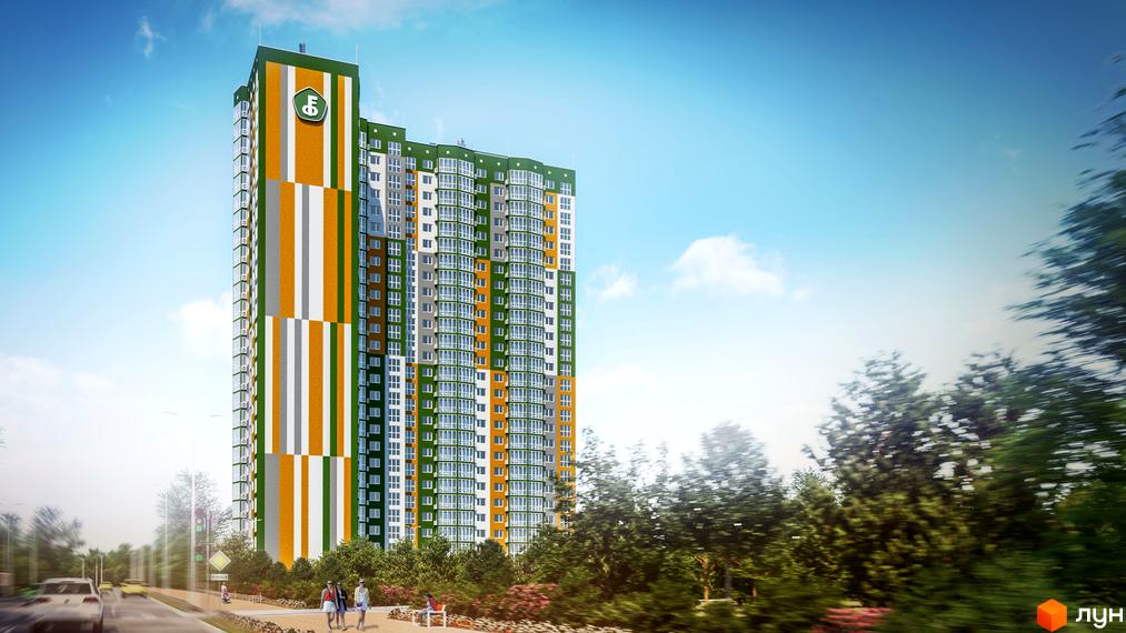 Житловий комплекс на вул. Петра Калнишевського (Майорова), 6. Багатоповерховий будинок з яскравим фасадом у смужку та скляними балконами. Поруч дорога, дерева та пішохідна зона з людьми.